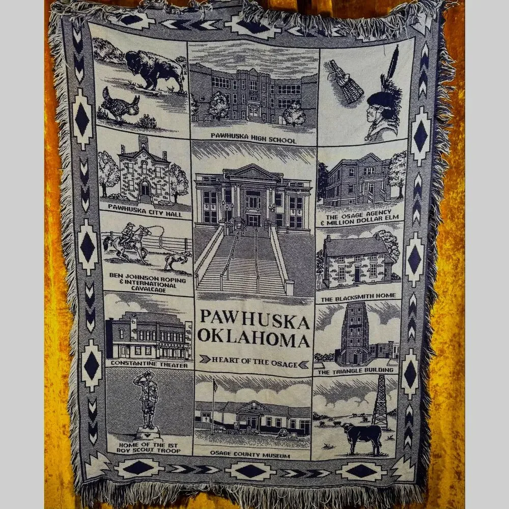 VTG Pawhuska Oklahoma Tapestry Throw Osage County NAVY BLUE 45x64, Fringe READ